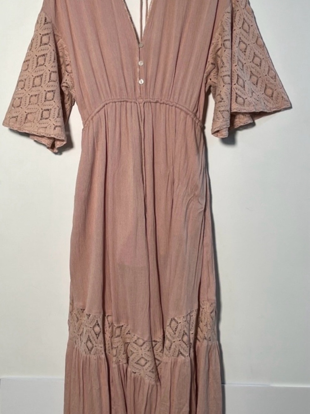Free People Angela Wide Leg Flare Boho Pant Jumpsuit Crochet Blush Pink Sz Med - Picture 7 of 8